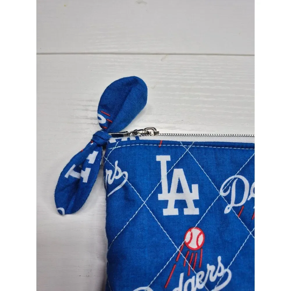 LA Blue Baseball Team Quilted Bow Pouch - Washable Cotton Makeup Bag